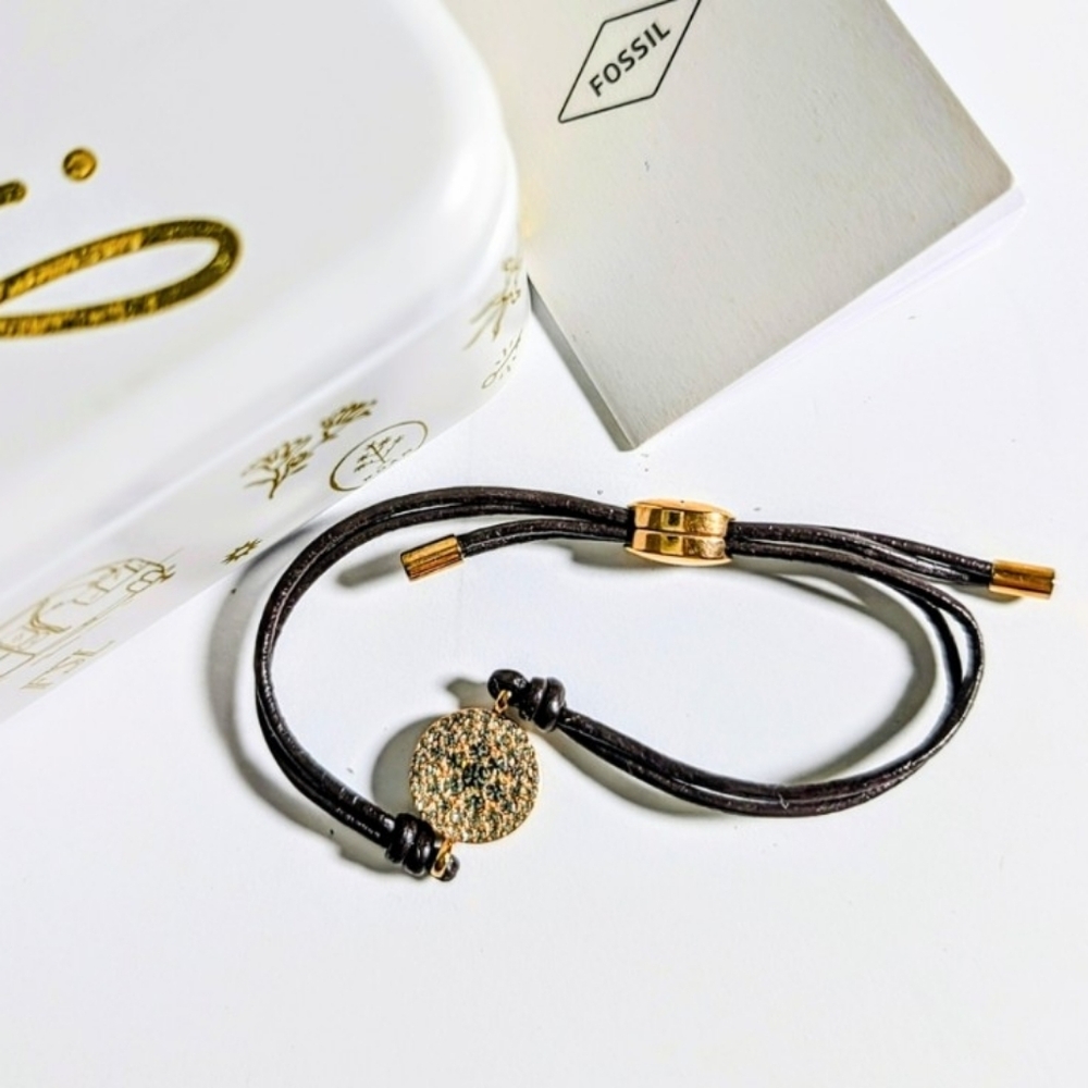 NIB Fossil Gold Tone Crystal Pave Cord Bracelet